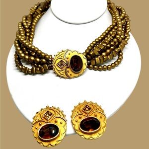 Vintage Maresco Jewelry Set Matte Gold Beaded Chunky Necklace & Clip Earrings